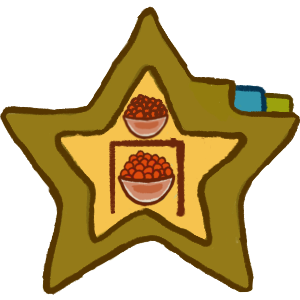 A yellow star with a sort of dark yellow-green outside with a tab of the same color on the right to the left of a blue one to the left of a green one. In the center of the star are two clear bowls overfilled with red circular objects. There is a square arch in between them. The bowl above the arch is slightly smaller than the one under the arch.
